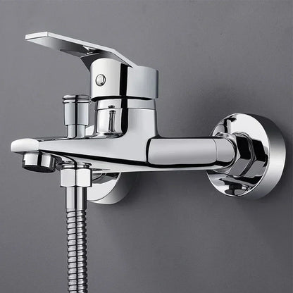 Chrome-finished zinc alloy wall-mounted bathtub faucet with dual spout mixer tap and flexible shower hose for cold water use