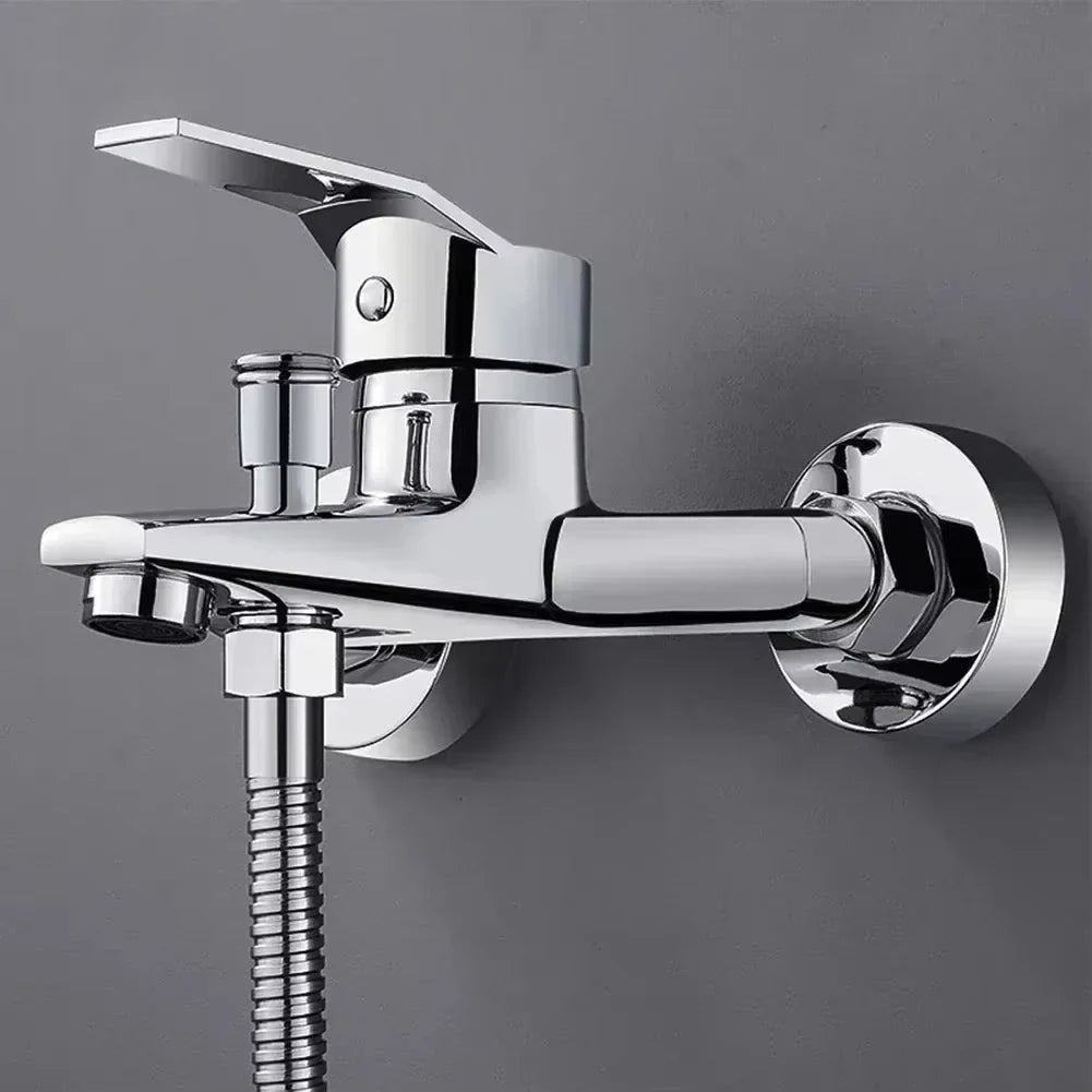 Chrome zinc alloy wall mounted bathtub faucet with flexible hose featuring housing material for cold water use