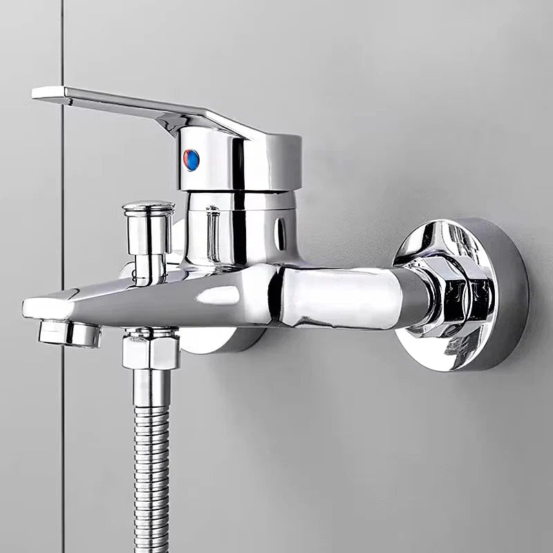Chrome finished zinc alloy wall mounted bathtub faucet with single lever handle cold water and flexible hose housing material