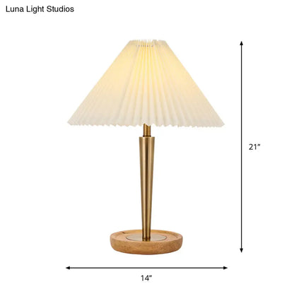 Zoé - Gold 1-Head Night Table Lamp Countryside Conic Pleated Fabric Task Lighting with Wood Round Pedestal in Gold