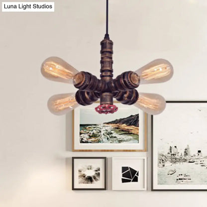 Zoey - Copper Copper Radial Pipe Hanging Lighting Industrial Iron 4 Bulbs Living Room Chandelier Pendant Lamp with Valve Deco