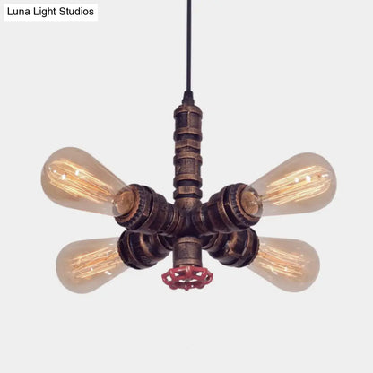 Zoey - Copper Copper Radial Pipe Hanging Lighting Industrial Iron 4 Bulbs Living Room Chandelier Pendant Lamp with Valve Deco