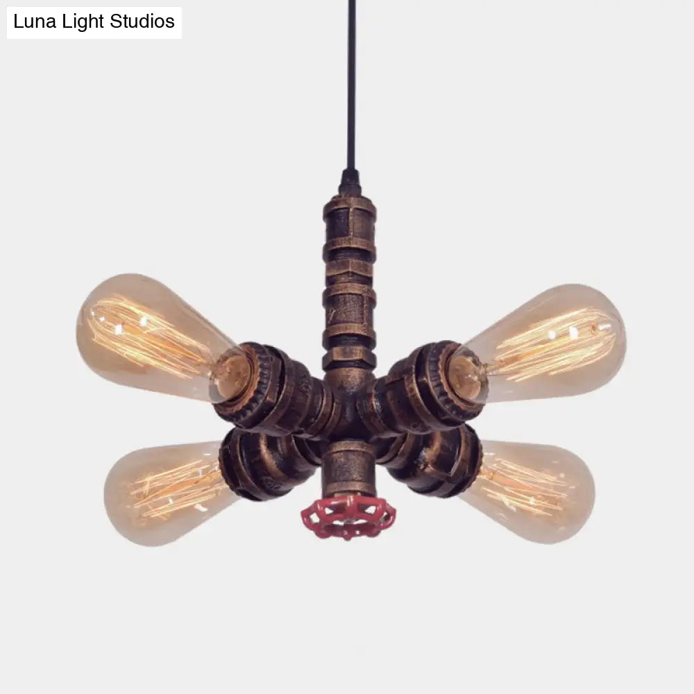 Zoey - Copper Copper Radial Pipe Hanging Lighting Industrial Iron 4 Bulbs Living Room Chandelier Pendant Lamp with Valve Deco