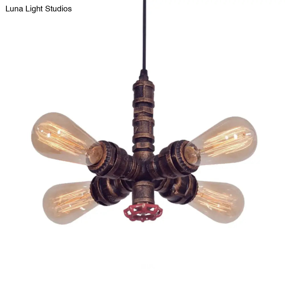 Zoey - Copper Copper Radial Pipe Hanging Lighting Industrial Iron 4 Bulbs Living Room Chandelier Pendant Lamp with Valve Deco